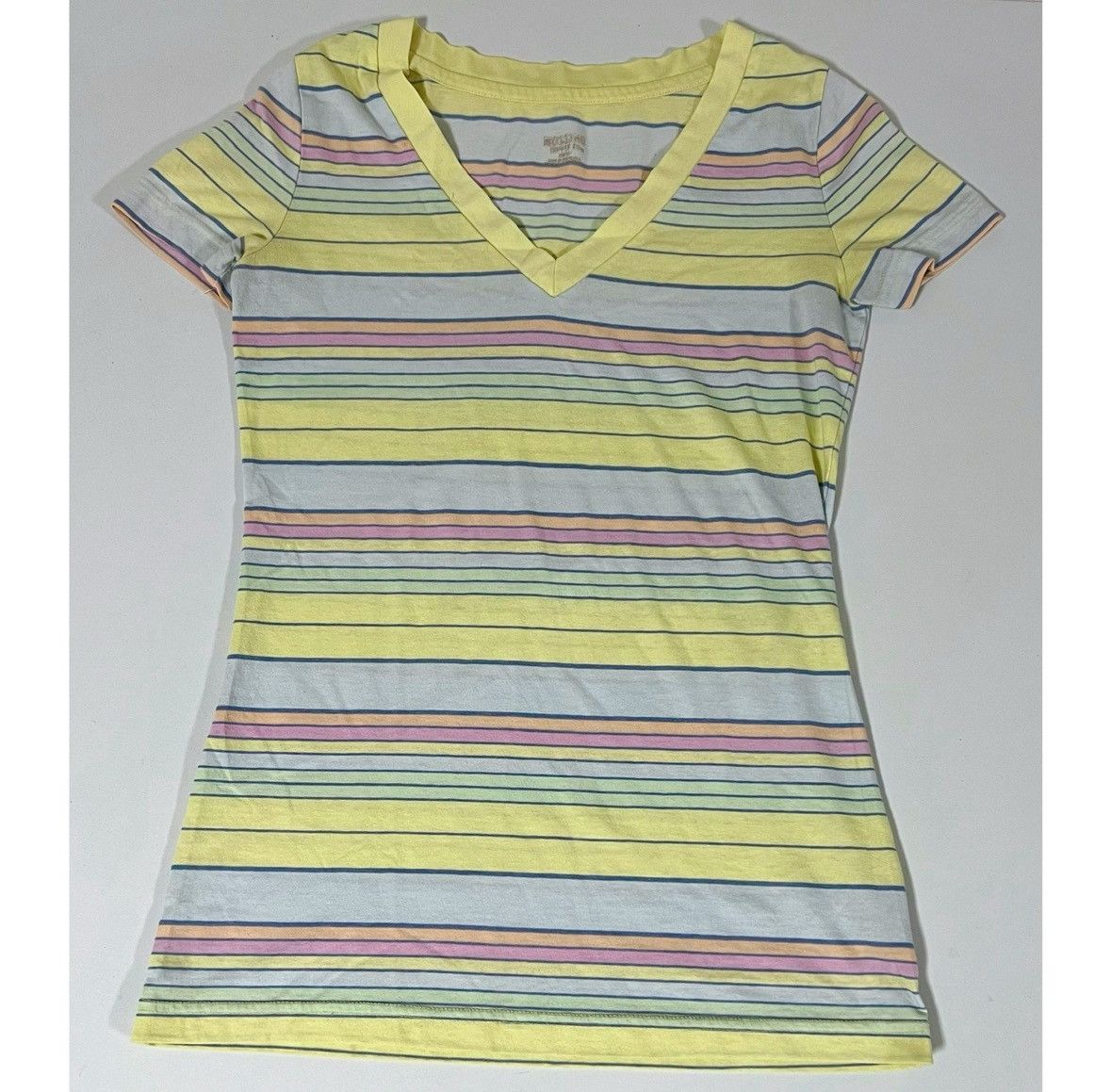 Mossimo Mossimo Yellow Pastel Striped V-Neck Shirt Top Tee Size XS🌸✨ Size XS / US 0-2 / IT 36-38 - 2 Thumbnail