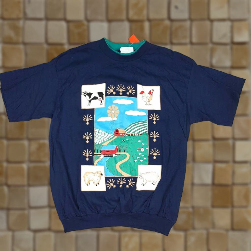 Vintage VINTAGE 90s Farm Animals Cow Chicken Men's T Shirt Crewneck Navy Blue Size M Sarah Renata Size US M / EU 48-50 / 2 - 1 Thumbnail