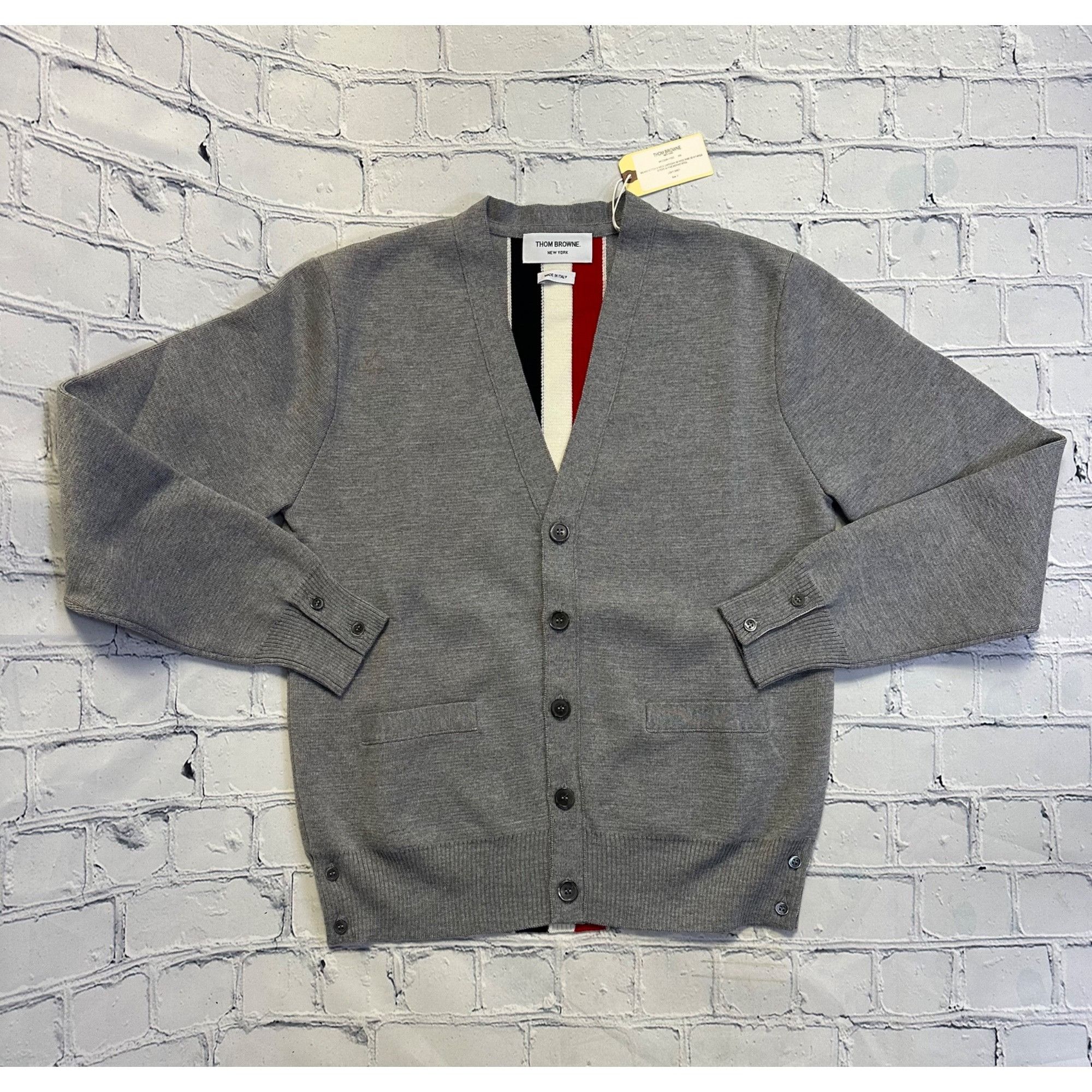 image of Thom Browne New York Milano Stitch V-Neck Cardigan W/ Wide R in Light Grey, Men's (Size Medium)