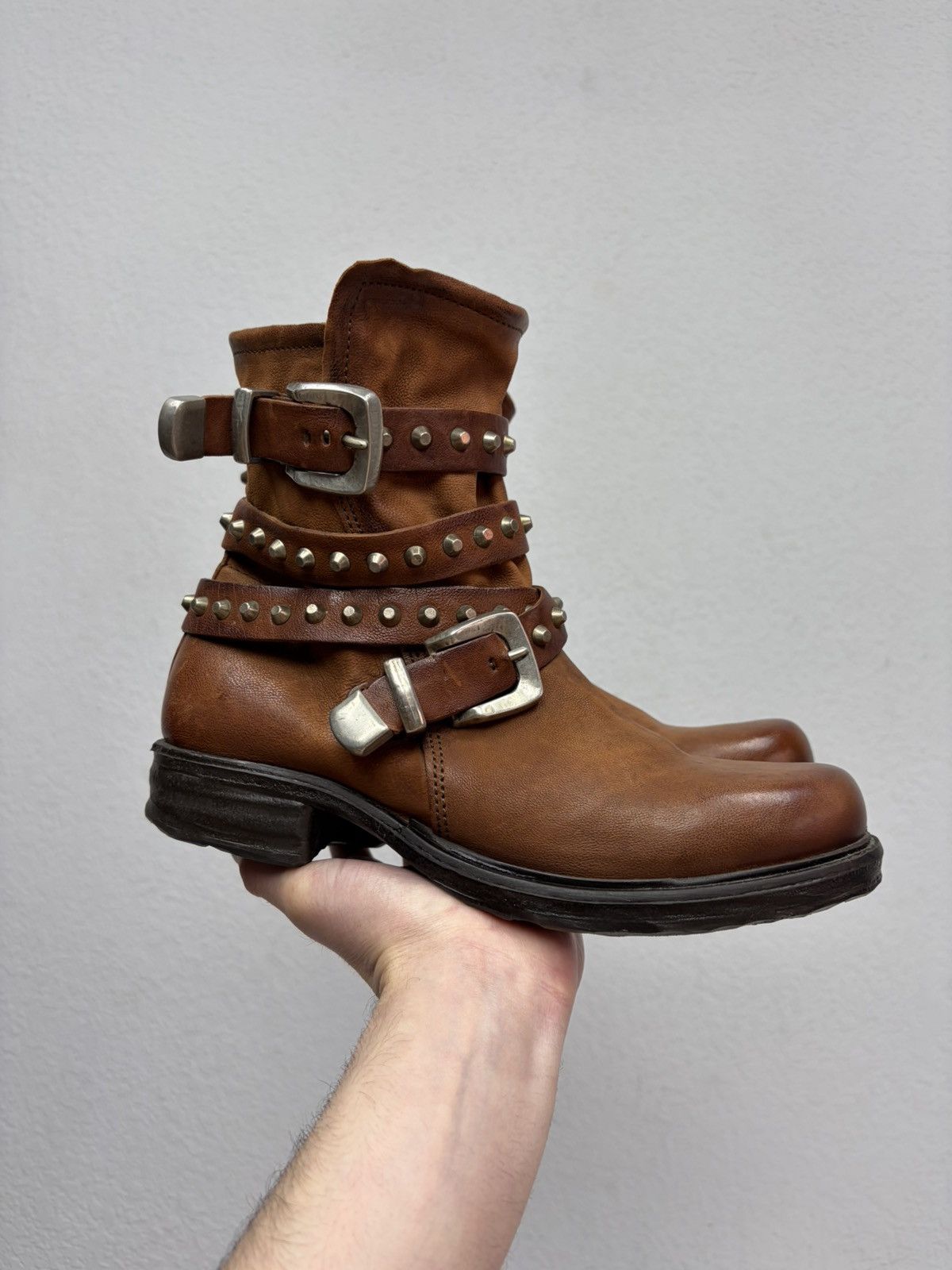 If Six Was Nine Brown Leather Studded Harness Boots Multi-Strap Biker Boots Size US 8 / IT 38 - 1 Thumbnail