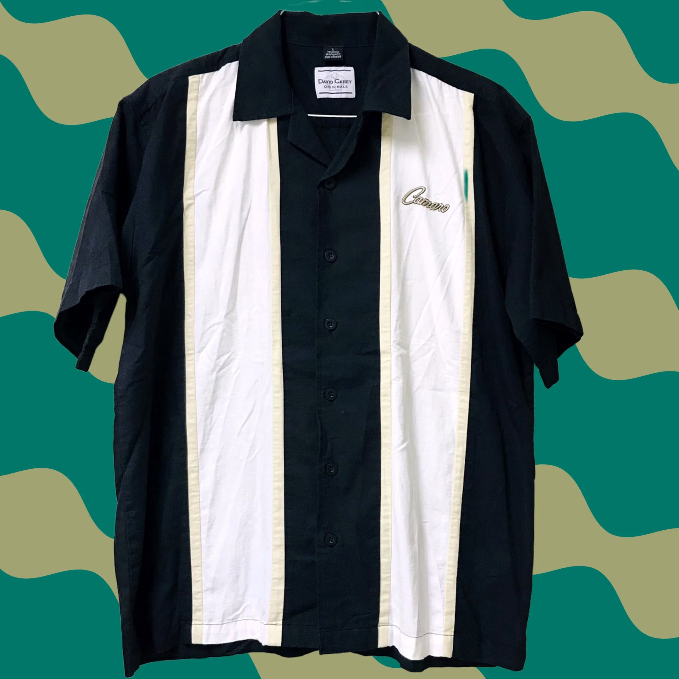 Vintage David Carey Men Embroidered Camaro Script Logo Stripe Button Up Short Sleeve Bowling Shirt L Black Cotton Polyester Button-Down Cars Mens Size US L / EU 52-54 / 3 - 1 Thumbnail