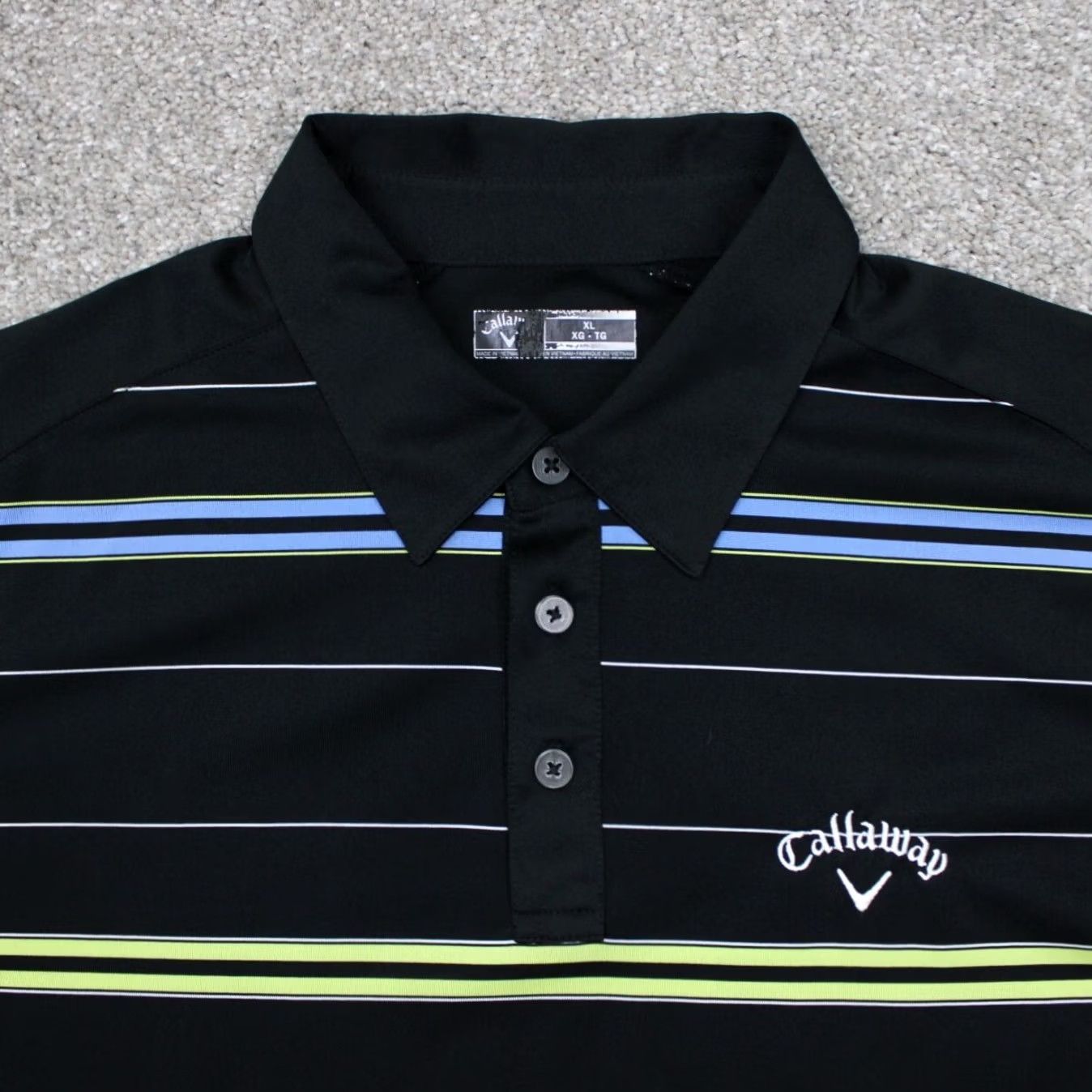 Callaway Callaway Polo Shirt Mens XL Black w/ Yellow/Blue Stripes Short Sleeve Polo Golf Logo Striped Breathable 100% Polyester Regular Fit Size US XL / EU 56 / 4 - 5 Thumbnail