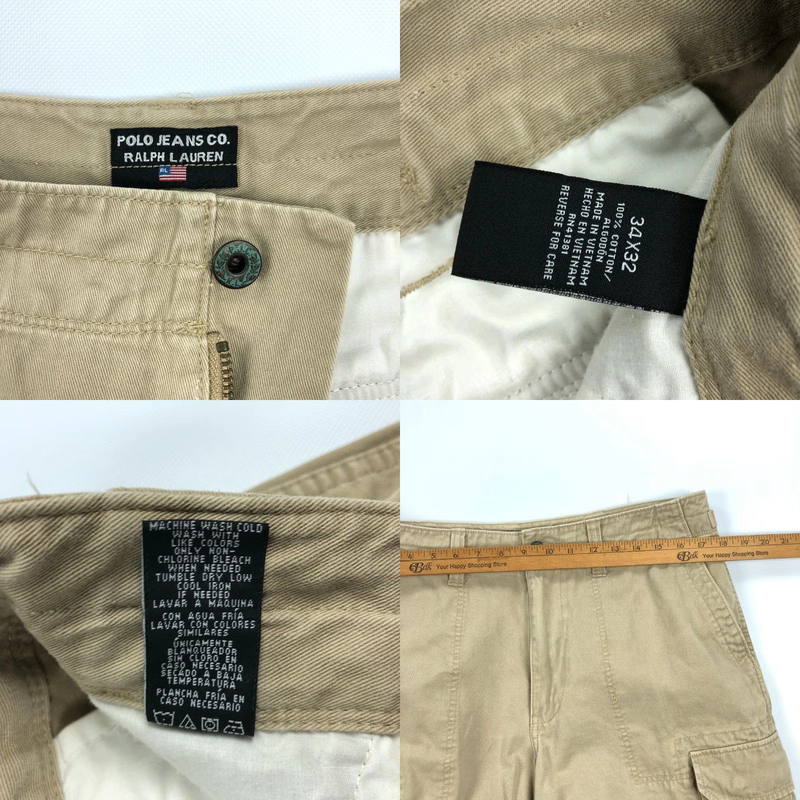 Vintage Polo Jeans Co. Ralph Lauren Men's Cargo Pants 34x32 Khaki Cotton Outdoor Casual Pants Size US S / EU 44-46 / 1 - 8 Thumbnail