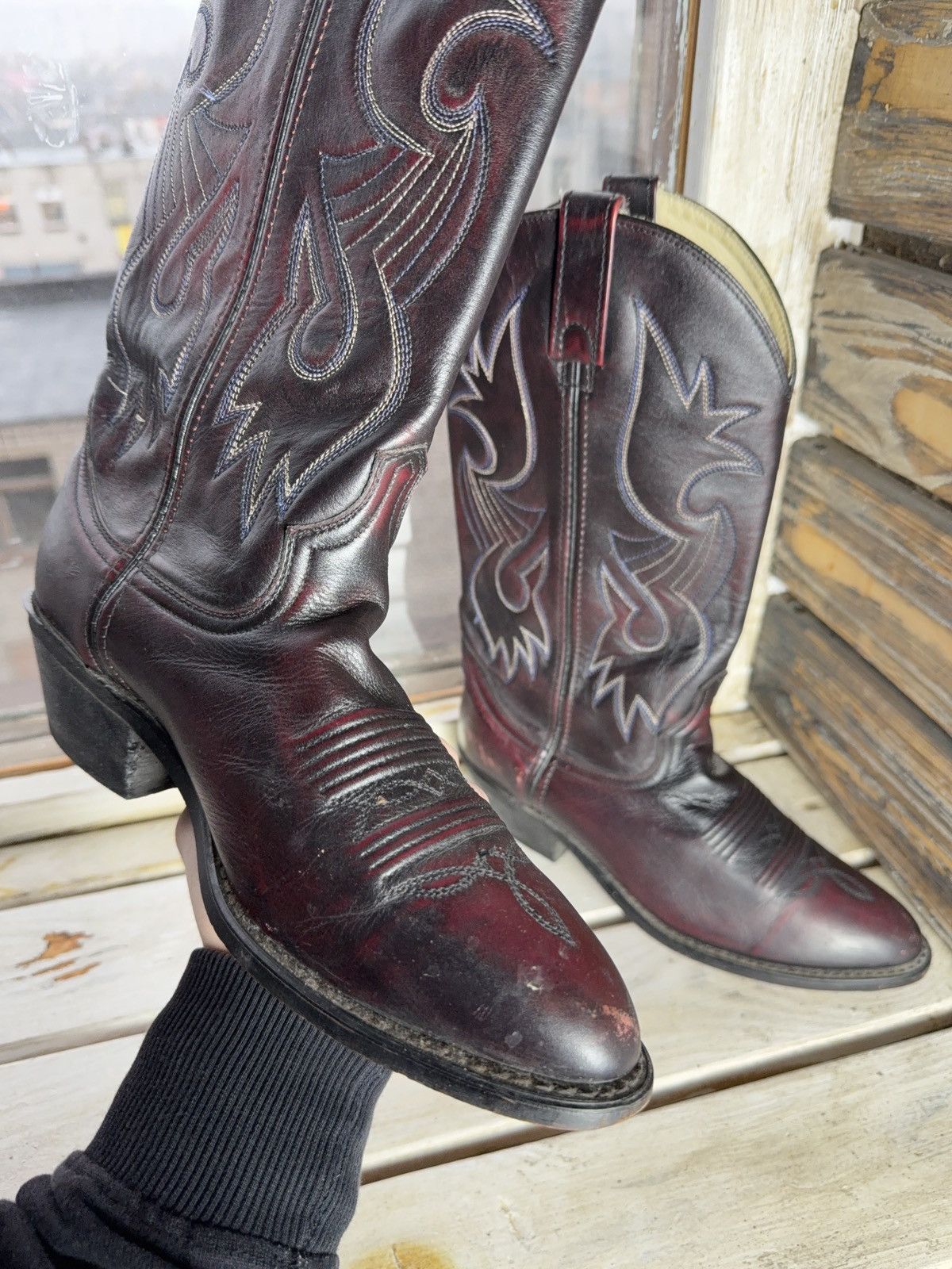 Vintage Retro Vintage Western Cowboy Leather Boots Burgundy Black Size US 8 / EU 41 - 14 Thumbnail