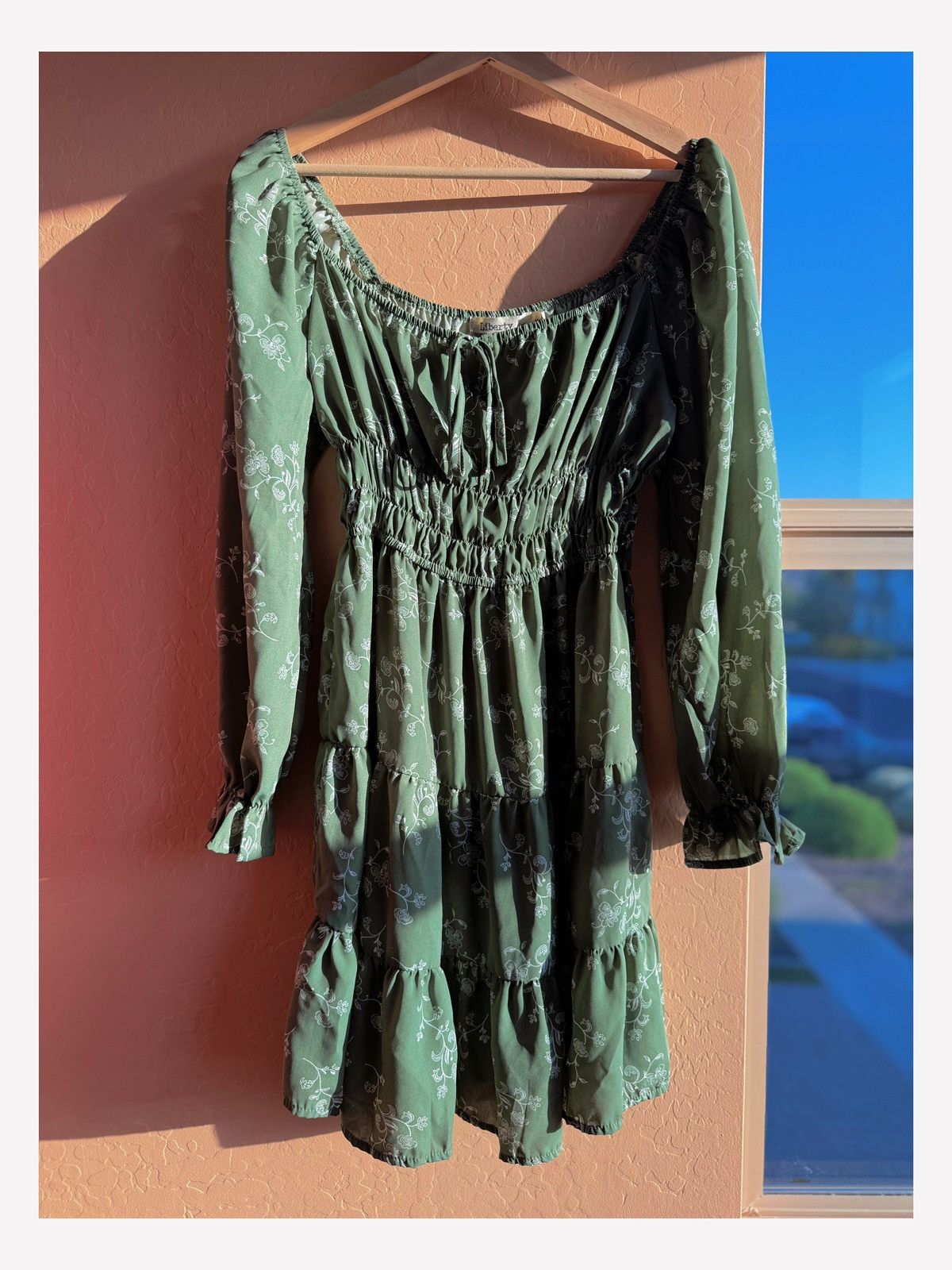 Liberty Love Smocked Boho Dress Olive Green Floral
