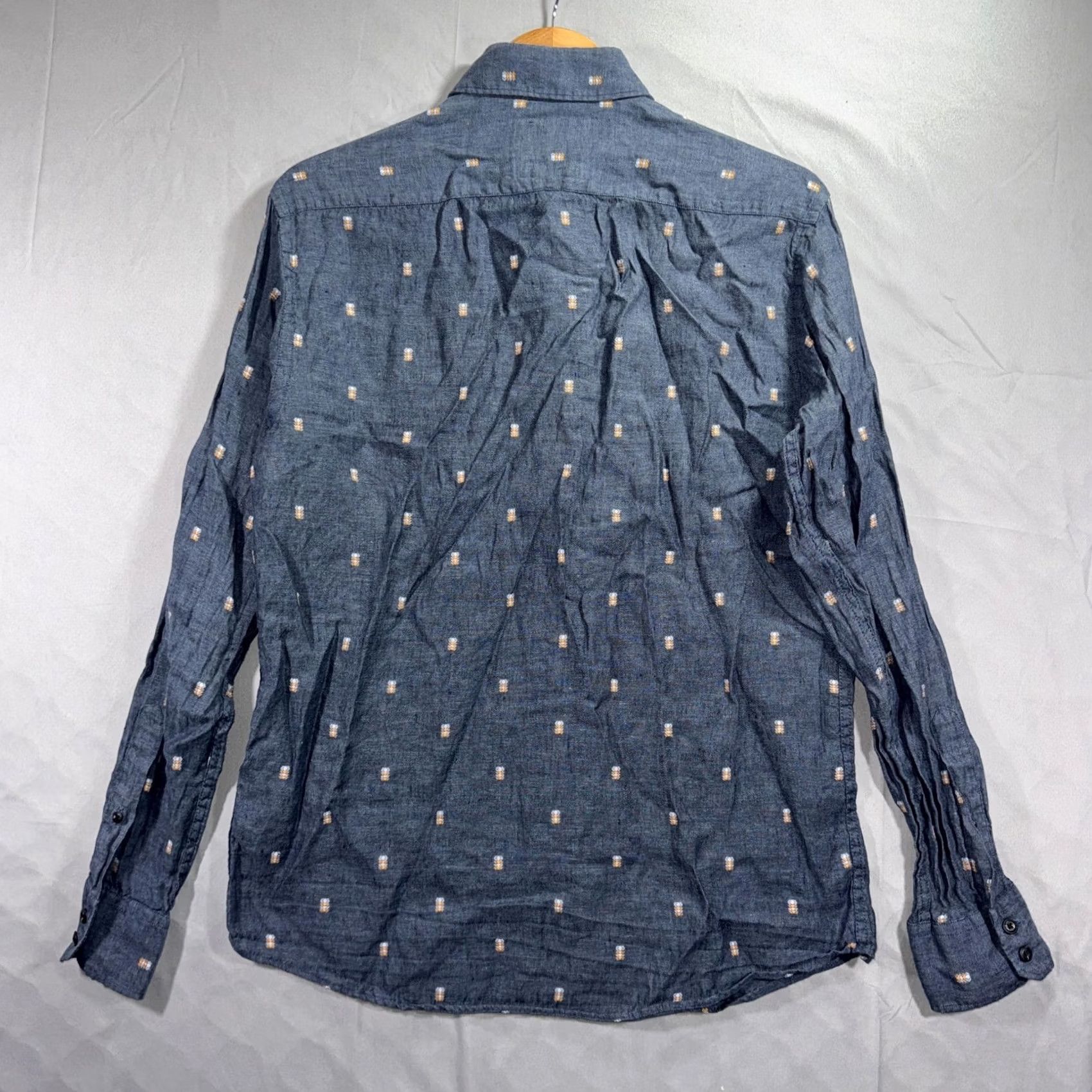 Barker Barkers Shirt Mens M Blue Linen Geometric Embroidered Slim Button Up Size US M / EU 48-50 / 2 - 2 Thumbnail