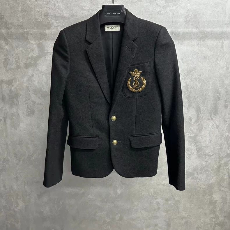 Saint laurent Black wool preppy embroidered logo blazer jac