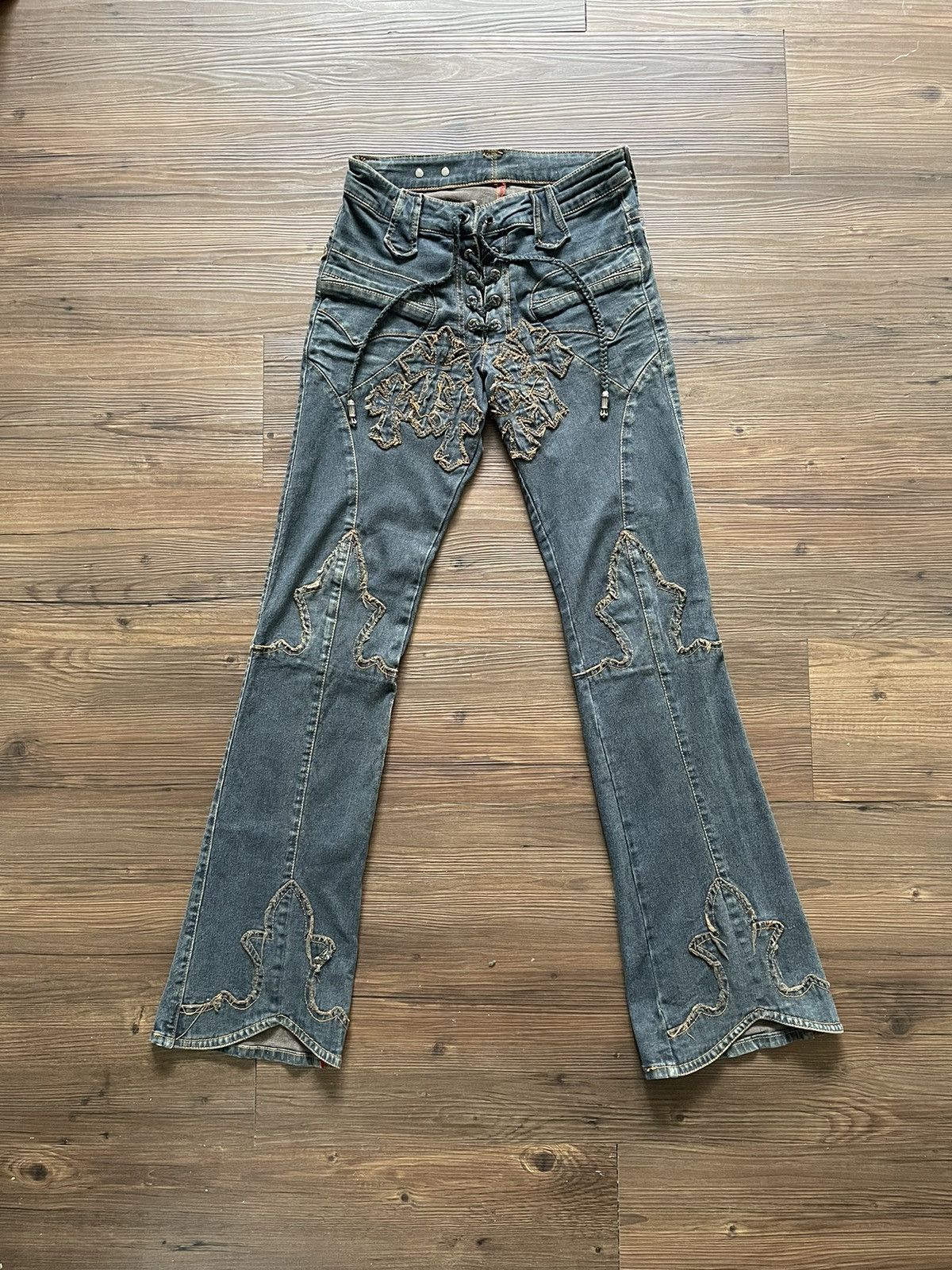 image of A G Rock N Roll Couture x Vintage Fleur Knee Cross Patch Bootcut Flare Pants in Dirty Grey (Size 26