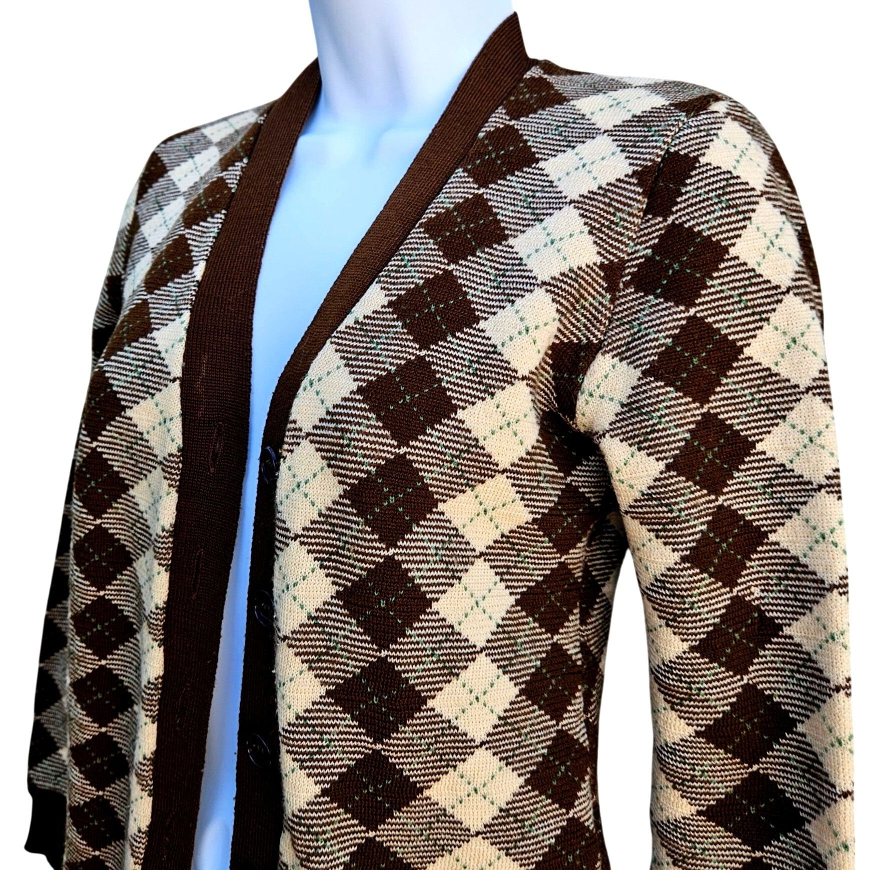 Vintage 1970s Japan Knit Cardigan XS Argyle Brown Cream V-Neck Butto Size XXS / US 00 / IT 34 - 2 Thumbnail
