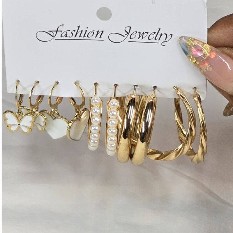 Other 5-Pair Gold-Tone Fashion Earrings Set Pearl, Hoop, Dangle Size ONE SIZE - 1 Thumbnail