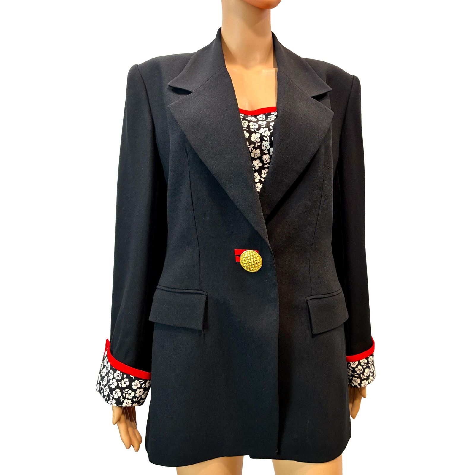 Vintage 90s Statment Blazer Black Red Trim Gold Button Floral Cuffs Size M / US 6-8 / IT 42-44 - 9 Thumbnail