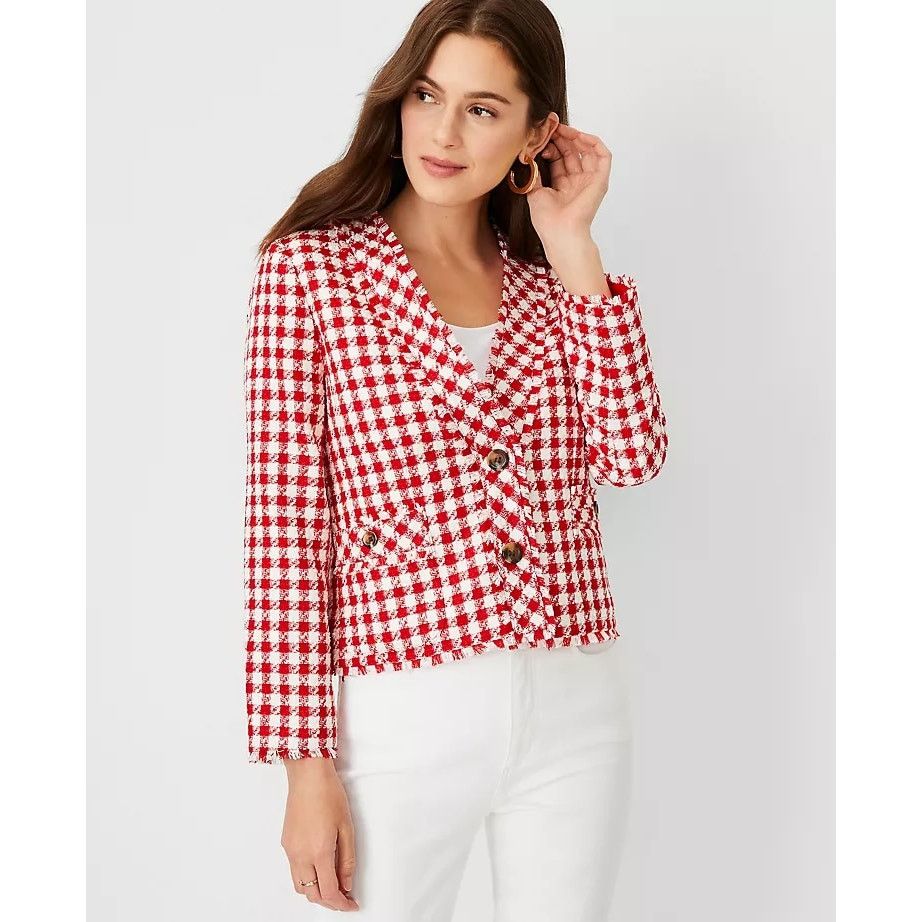 Other Ann Taylor Tweed Fringe Jacket Orange White Plaid Check 12 Size XL / US 12-14 / IT 48-50 - 8 Thumbnail