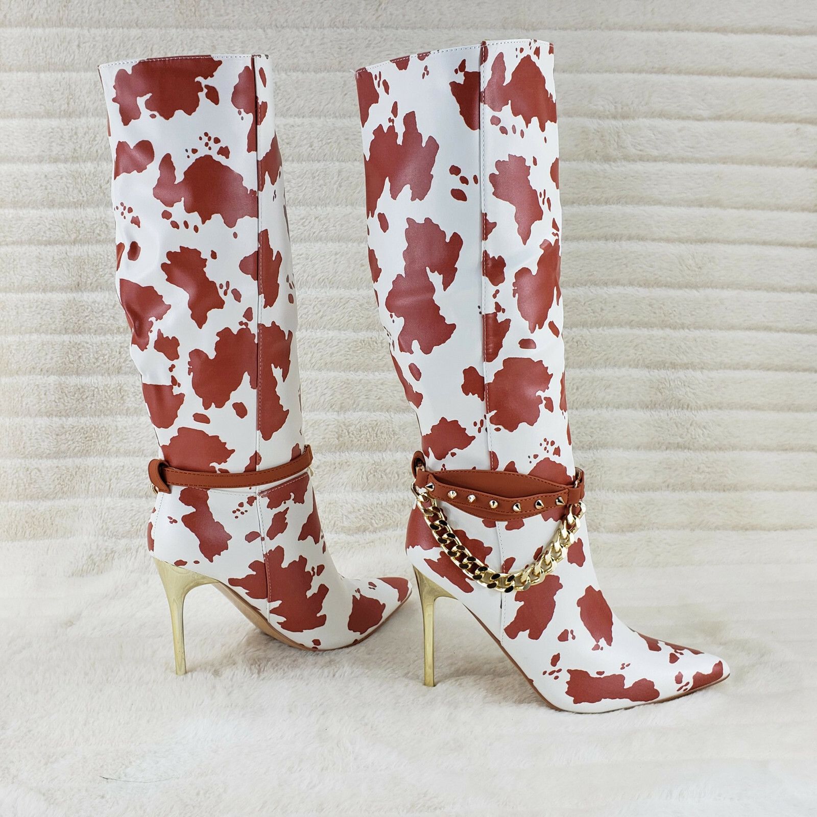 Other Eva Tan & White Cow Print Leatherette Gold Tone High Heel & Size US 8 / IT 38 - 4 Thumbnail