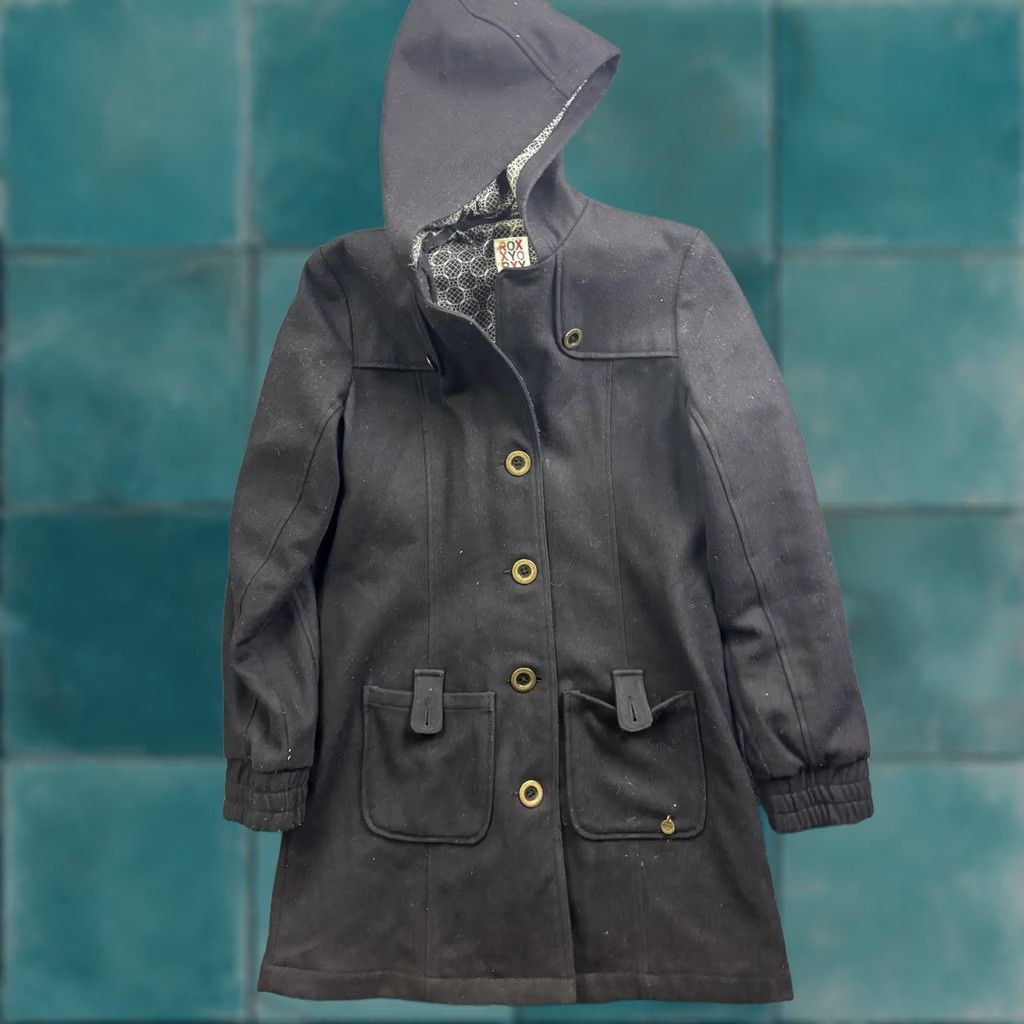 Vintage Roxy Coat Womens M Black Hooded Lined Wool-Blend Mid-Length Pockets Button Parka Jacket/Coat Casual Travel Mens Womens Girls Boys Size M / US 6-8 / IT 42-44 - 1 Thumbnail