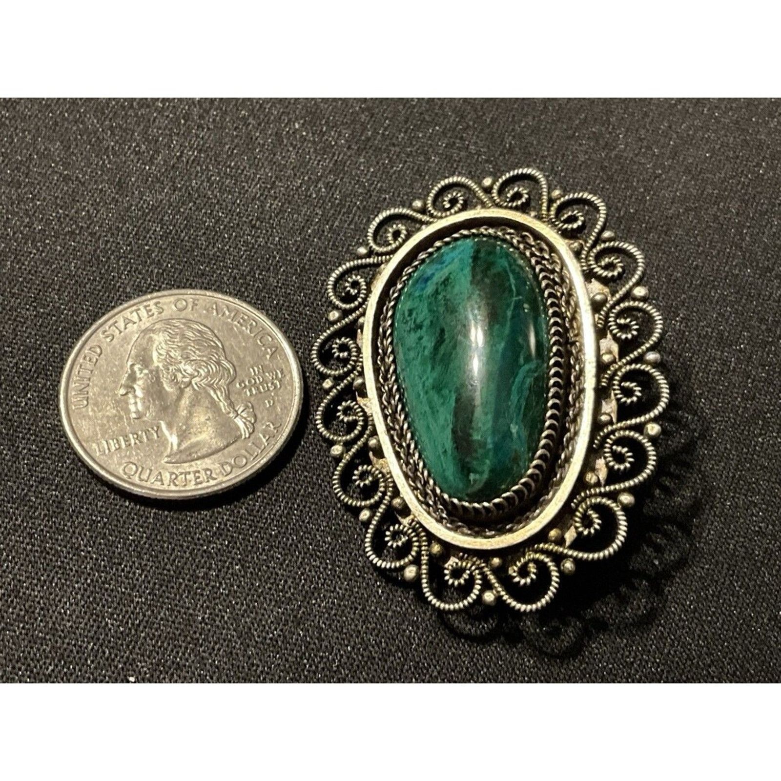Other 925 Mexico Large Malachite Scroll Design Brooch, Vintage Size ONE SIZE - 4 Thumbnail