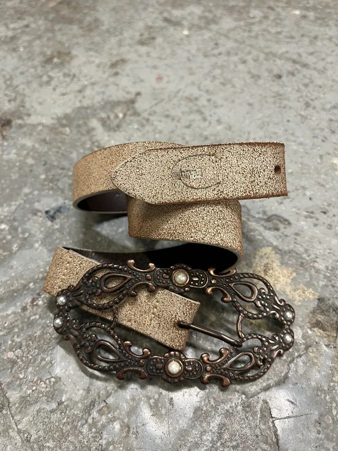 Roberto Cavalli × Vintage Cavalli Long Metal Ornament Buckle Beige Leathet Belt Size ONE SIZE - 4 Thumbnail