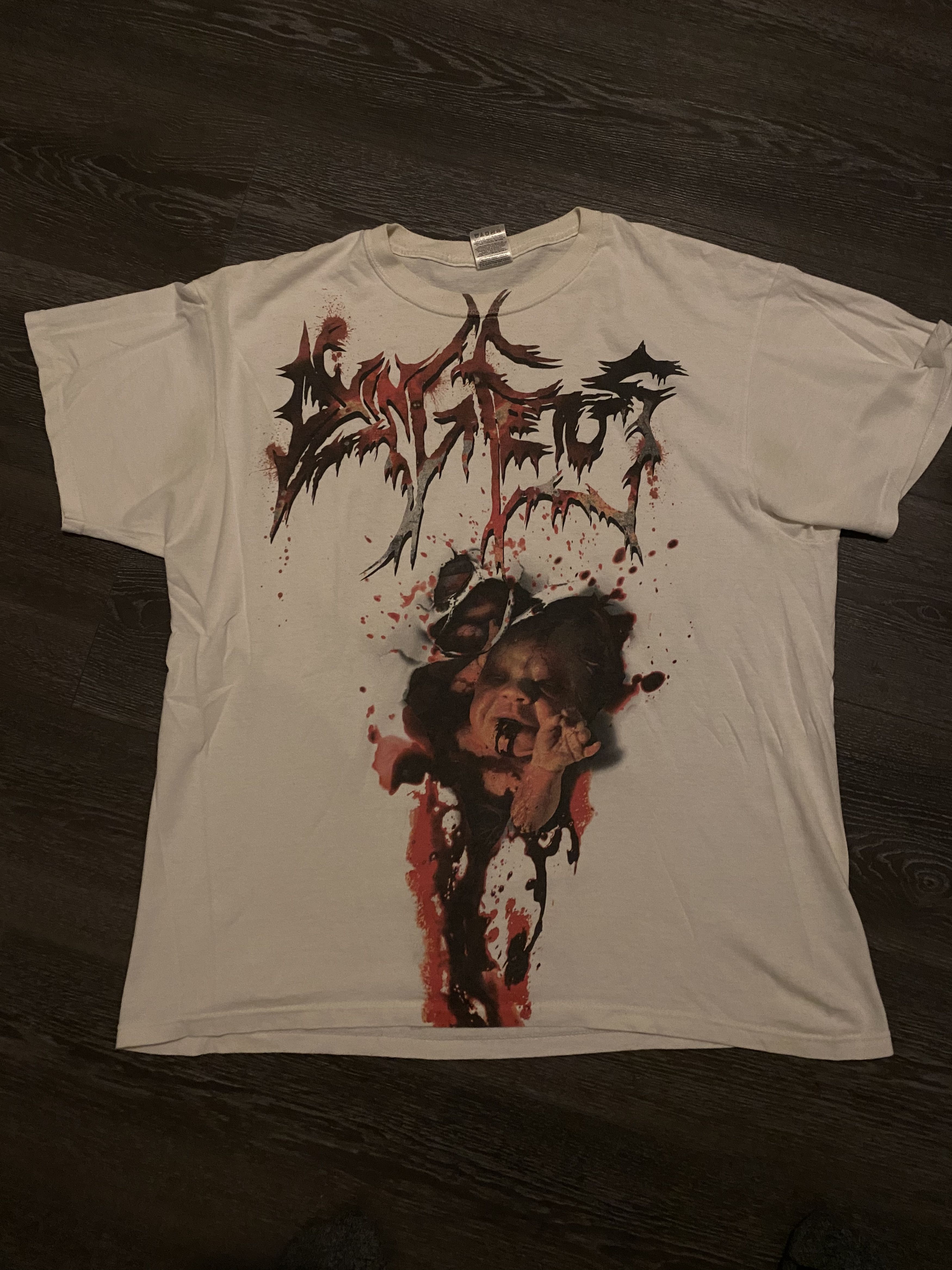 image of Fruit Of The Loom Vintage Dying Fetus Tearing Inside The Womb Shirt! in White, Men's (Size XL)
