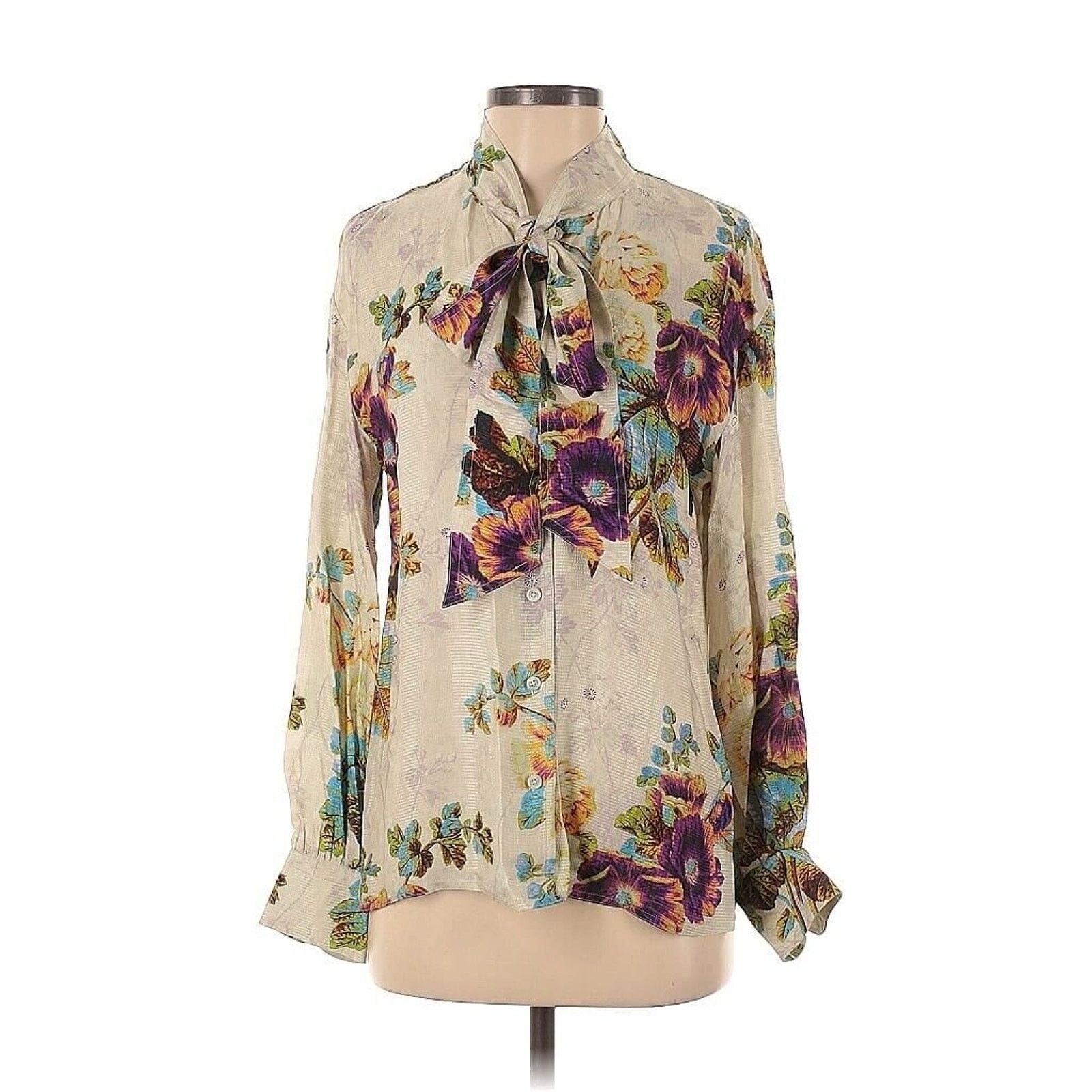 Tory Burch Tory Burch Printed Floral Bow Tie Neck Blouse Cream 4 Size S / US 4 / IT 40 - 2 Thumbnail