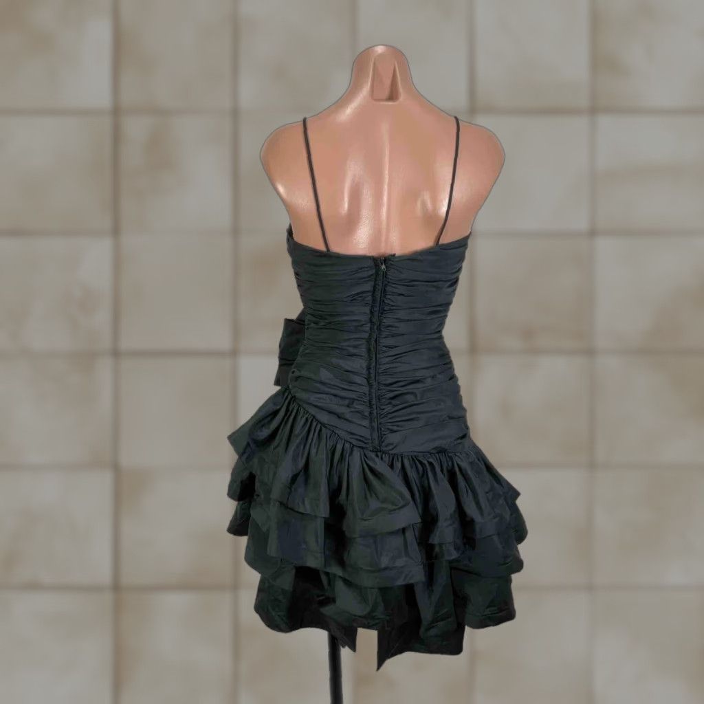 VINTAGE 80s Nadine Black Shired Ruffle Grunge Goth Prom Dress Sz 7 USA Tea Dress Womens