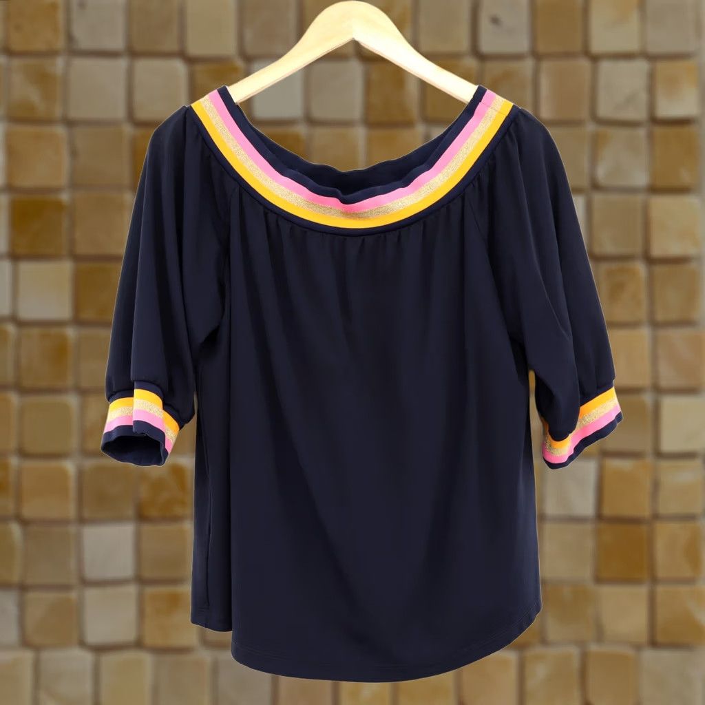 Trina Turk Trina Turk Blouse Shirt Beach Off The Shoulder Navy L Womens Summer Casual 3/4 Sleeve Size L / US 10 / IT 46 - 1 Thumbnail