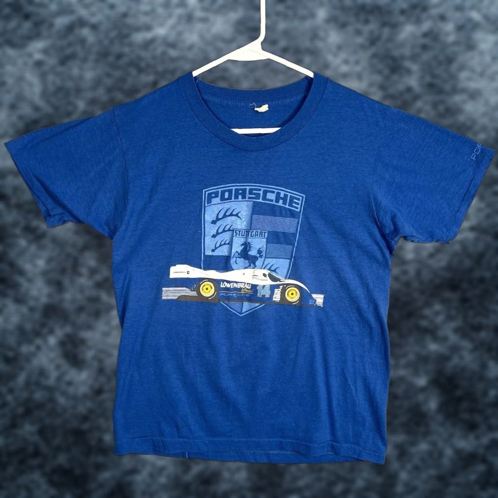 Vintage VINTAGE 1990s Porsche 962 Lowenbrau IMSA Racing T Shirt Adult Large Blue Men Sportswear Graphic Tee Size US L / EU 52-54 / 3 - 1 Thumbnail