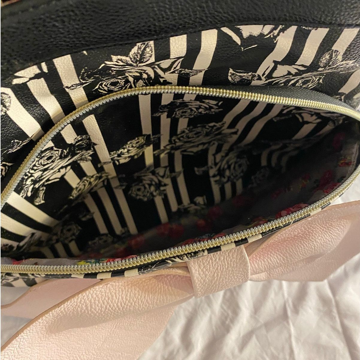 Betsey Johnson Goth Glam Bow Stripe Floral Backpack Betsey Johnson Black Size ONE SIZE - 7 Thumbnail