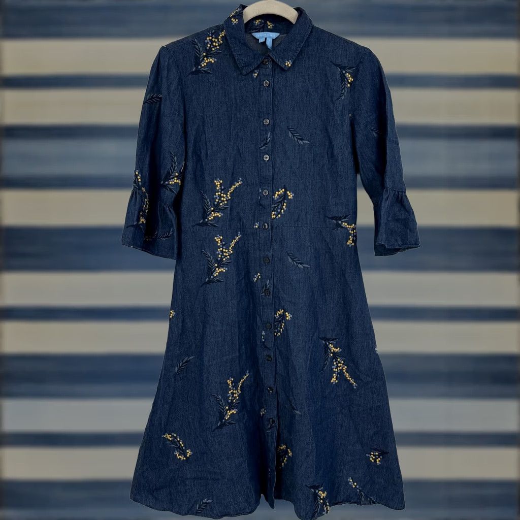 Vintage Draper James Dress Womens 2 Blue Denim Chambray Embroidered Floral Button Front Shirt Dress Size XS / US 0-2 / IT 36-38 - 1 Thumbnail