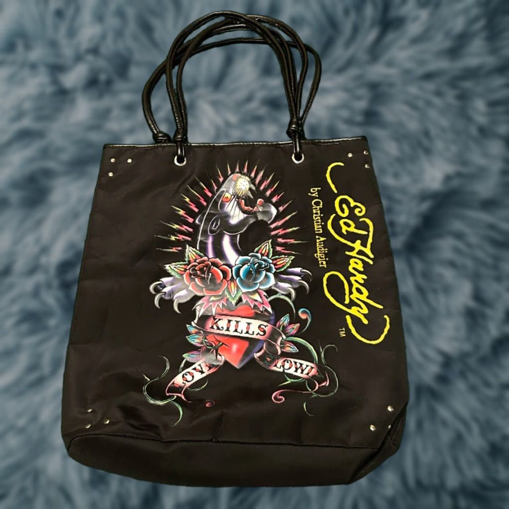 Ed Hardy VINTAGE Ed Hardy Tote Bag Women Medium Black Purple Love Kills Slowly Tattoo Skull Punk Grunge 2000s Y2K Bag Size ONE SIZE - 1 Thumbnail