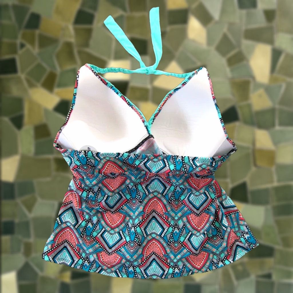 AQUA NWT Aqua Couture Geometric Tankini Top L Built In Bra Halter Swim Blue Black Orange Women Size ONE SIZE - 1 Thumbnail