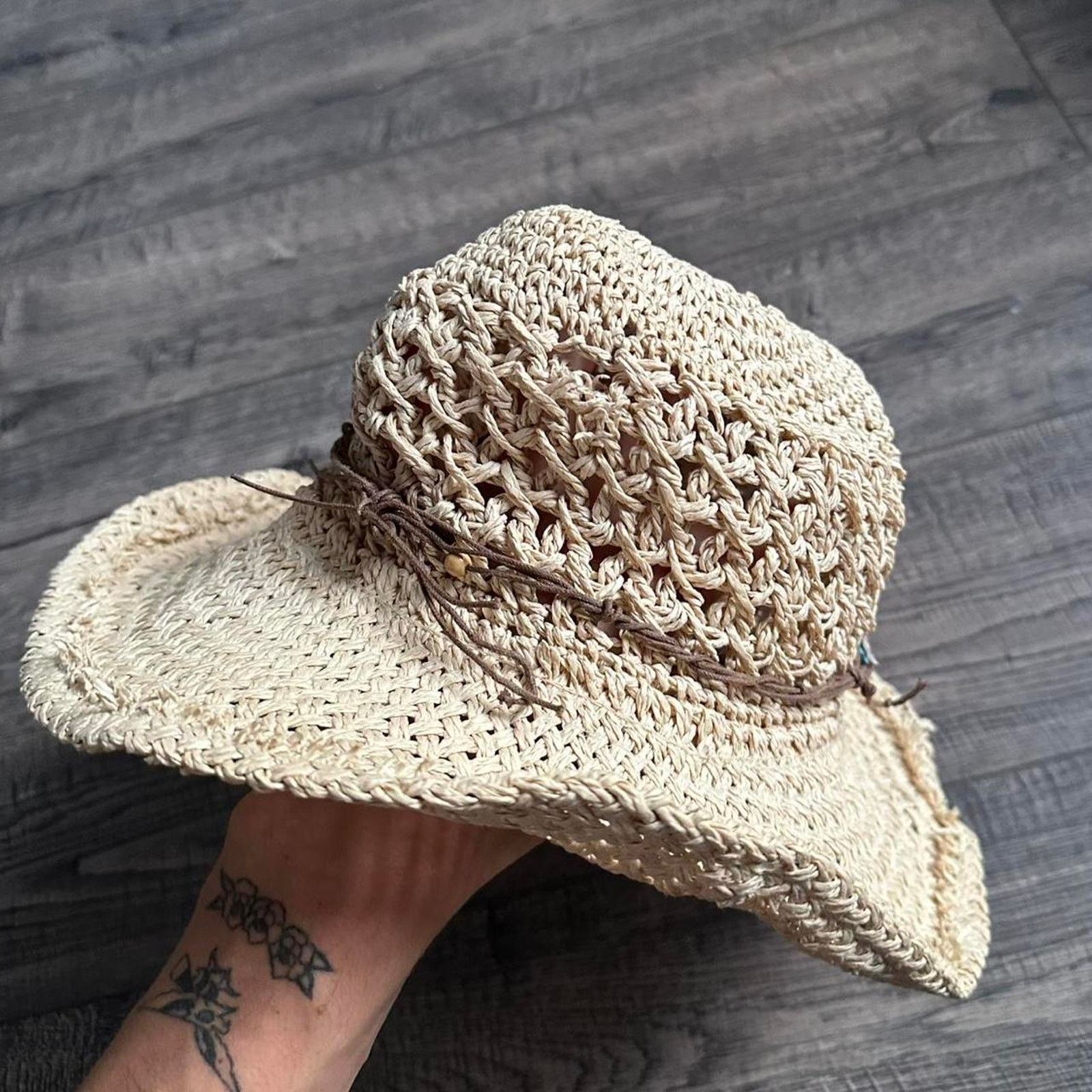 Vintage Vintage Retro Boho Straw Beaded Rope Sun Beach Hat Cap Size ONE SIZE - 4 Thumbnail