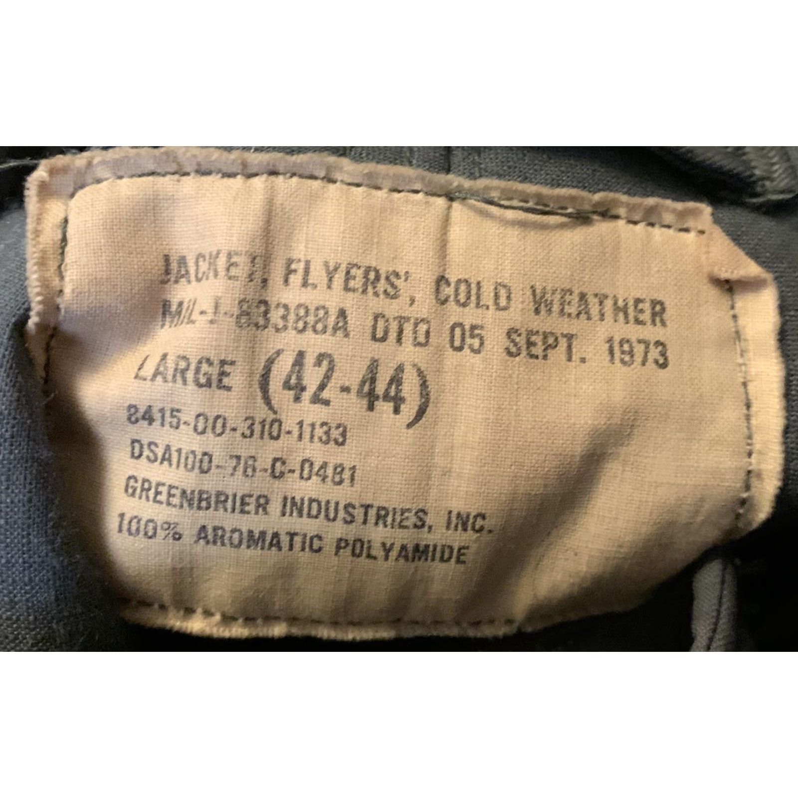 Vintage VINTAGE MIL-J-83388A DTG 05 SEPT 1973 LARGE 42-44 Greenbrier Industries, Inc. JACKET, FLYERS, COLD WEATHER GREEN 1970s Mens L Size US L / EU 52-54 / 3 - 3 Thumbnail