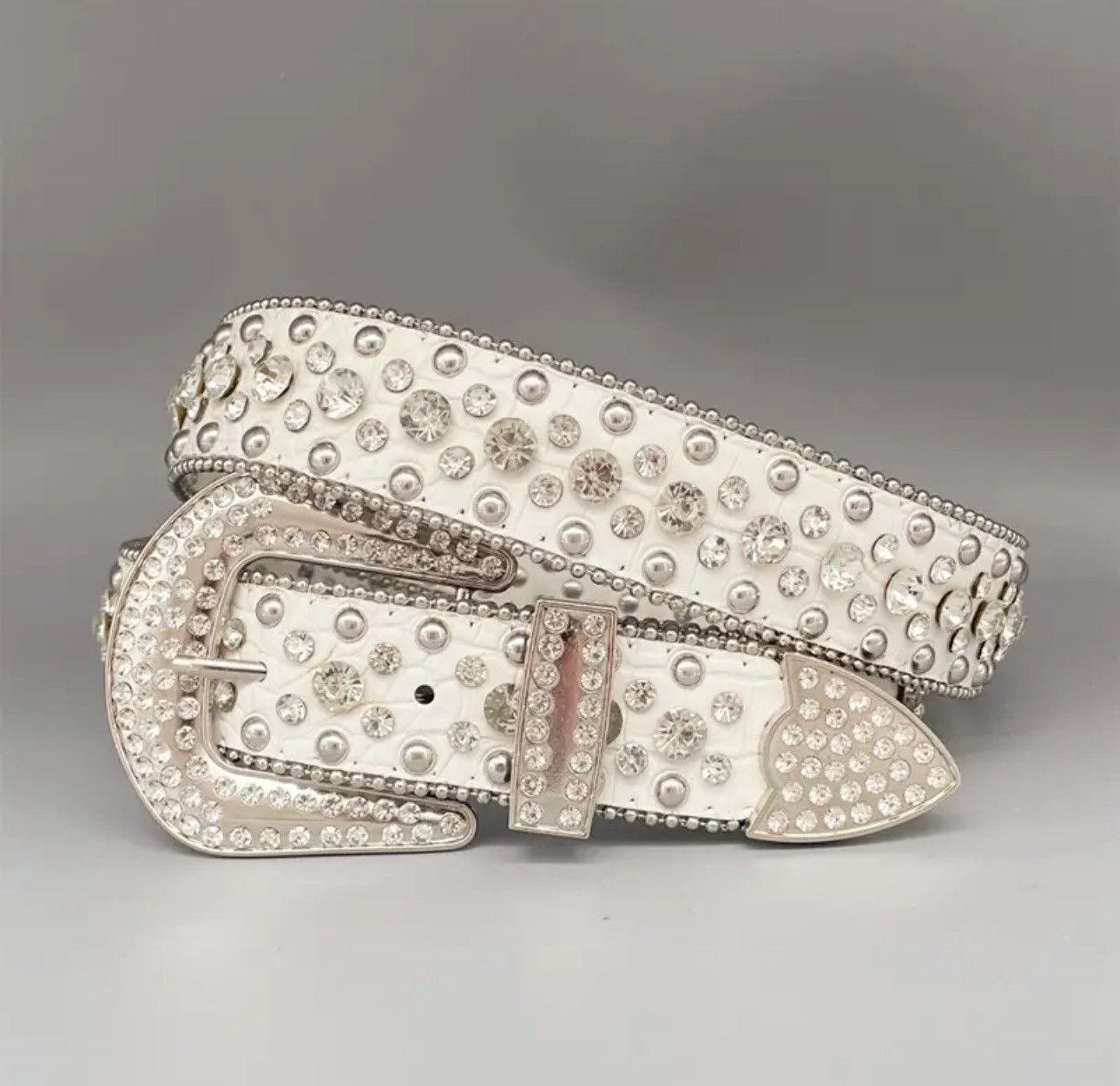 image of Leather White Color Pu Belt Chrome Y2K Crystals, Men's