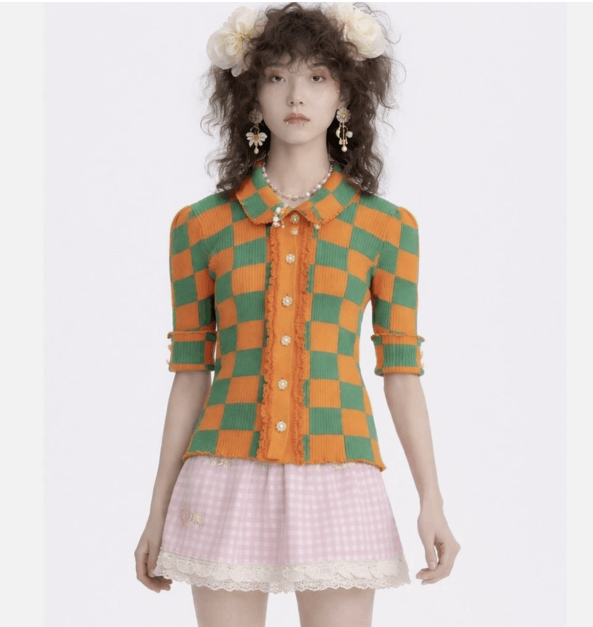 Other Motoguo Orange Green Checkered Ribbed Knit Ruffle Cardigan Size S / US 4 / IT 40 - 1 Thumbnail