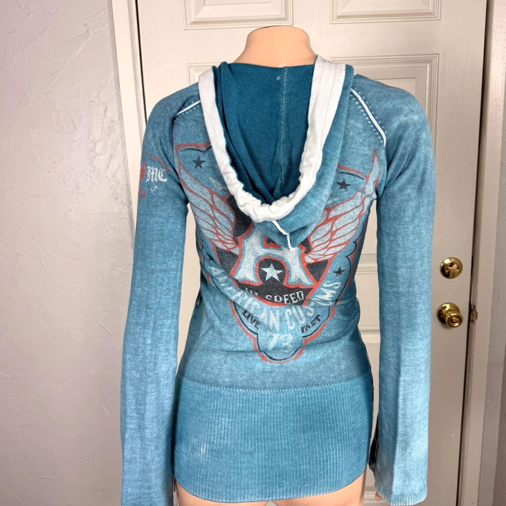 Affliction VINTAGE Affliction Womens Top S Cotton Knit Reversible Hoodie Hooded Bell Sleeve Y2K Blue White Logo Casual Size S / US 4 / IT 40 - 6 Thumbnail