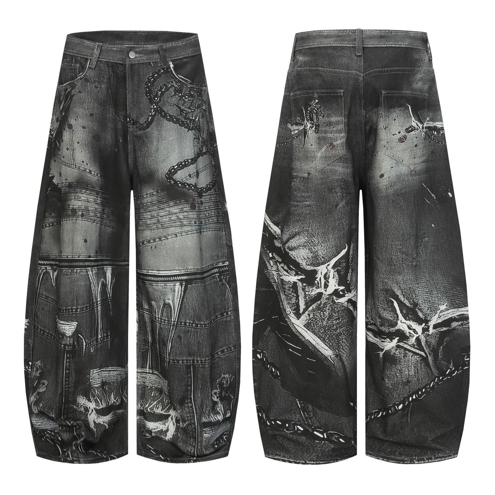 Vintage Chains 3D Print Black Distressed Wide Leg Denim Jeans Size US 32 / EU 48 - 5 Thumbnail