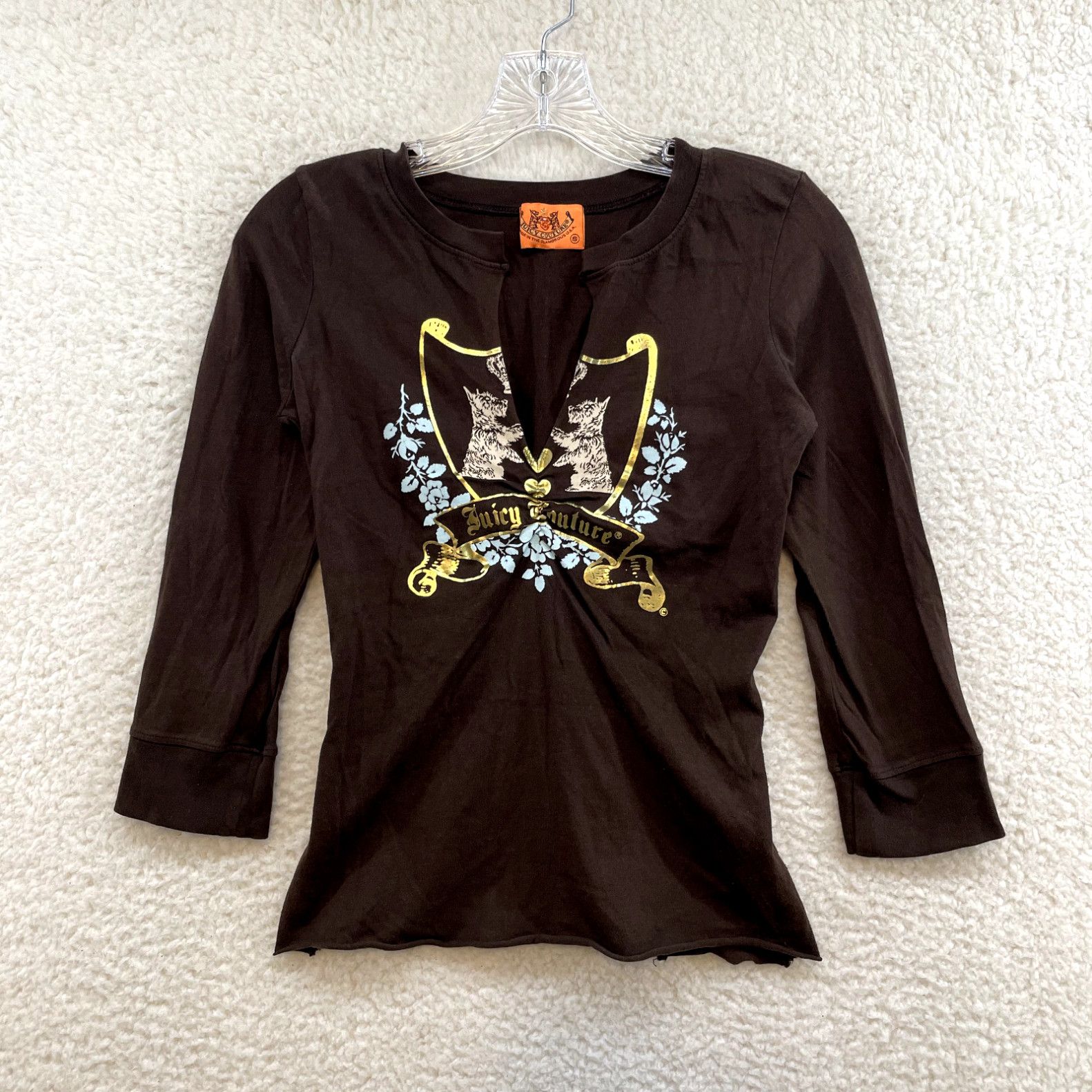 image of Y2K 2000S Juicy Couture Brown Crest Logo Ruched Fairy Grunge 3/4 Sleeve Top S M in White, Women's (