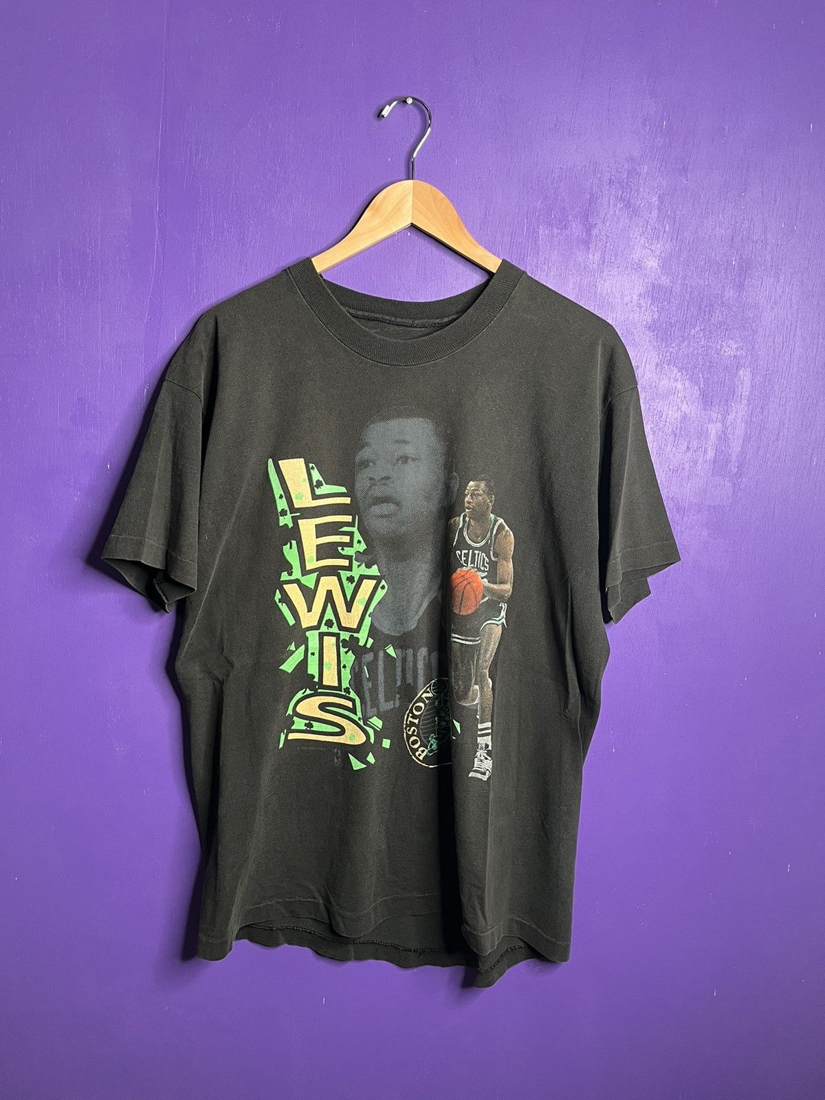 image of Made In USA x NBA Vintage 90's Boston Celtics Reggie Lewis Player Tee in Black, Men's (Size XL)