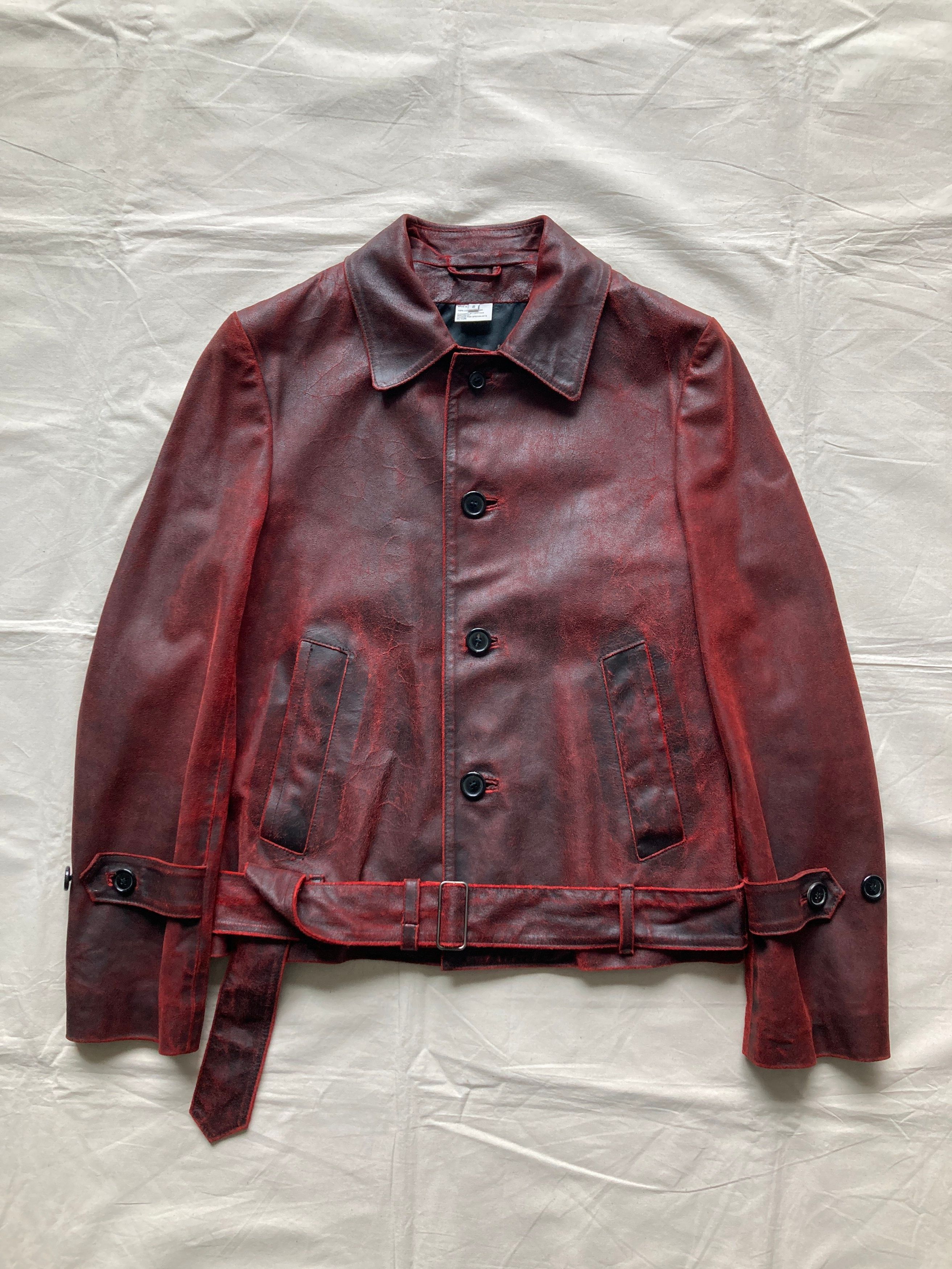 Pre-owned Ann Demeulemeester Fw01 Distressed Red Leather Belted Jacket