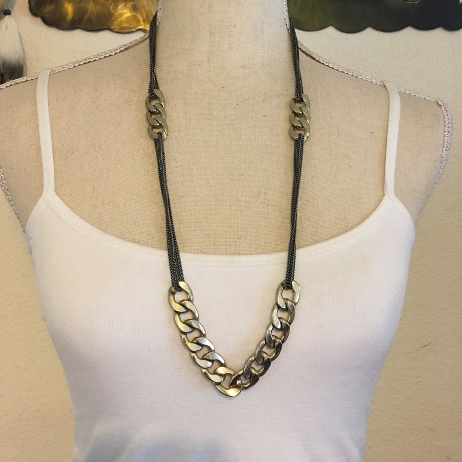 Jewelry Multi strand black chrome gold link long necklace Size ONE SIZE - 3 Thumbnail