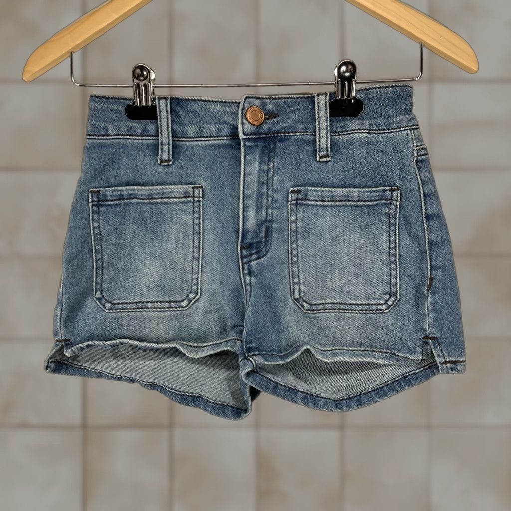 Denime SO Shortie Hi-Rise Denim Shorts Cuffed Med Wash Blue Pockets Junior Size 3/26 Size 26" / US 2 / IT 38 - 1 Thumbnail