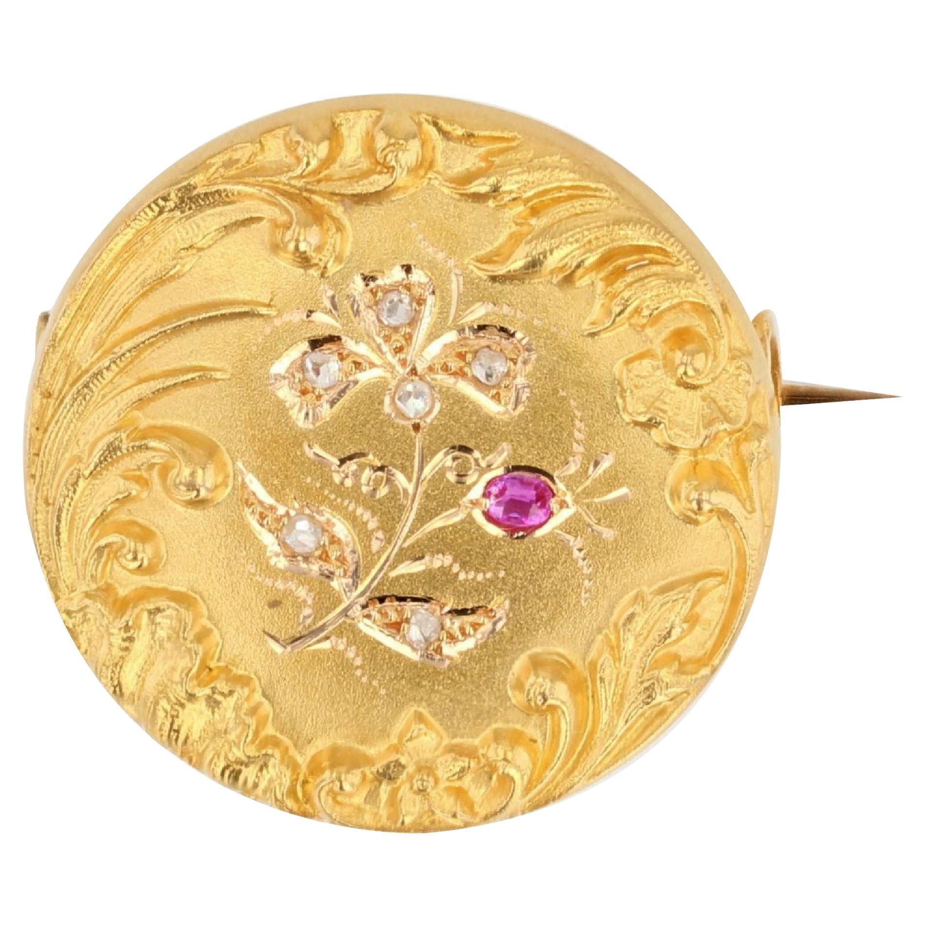 image of Vintage French Belle Epoque Ruby Diamond Floral Pattern 18 Karat Yellow Gold Brooch, Women's