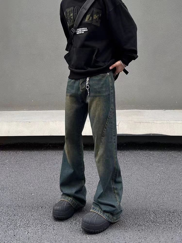 Vintage washed distressed mud-dyed micro-flared jeans