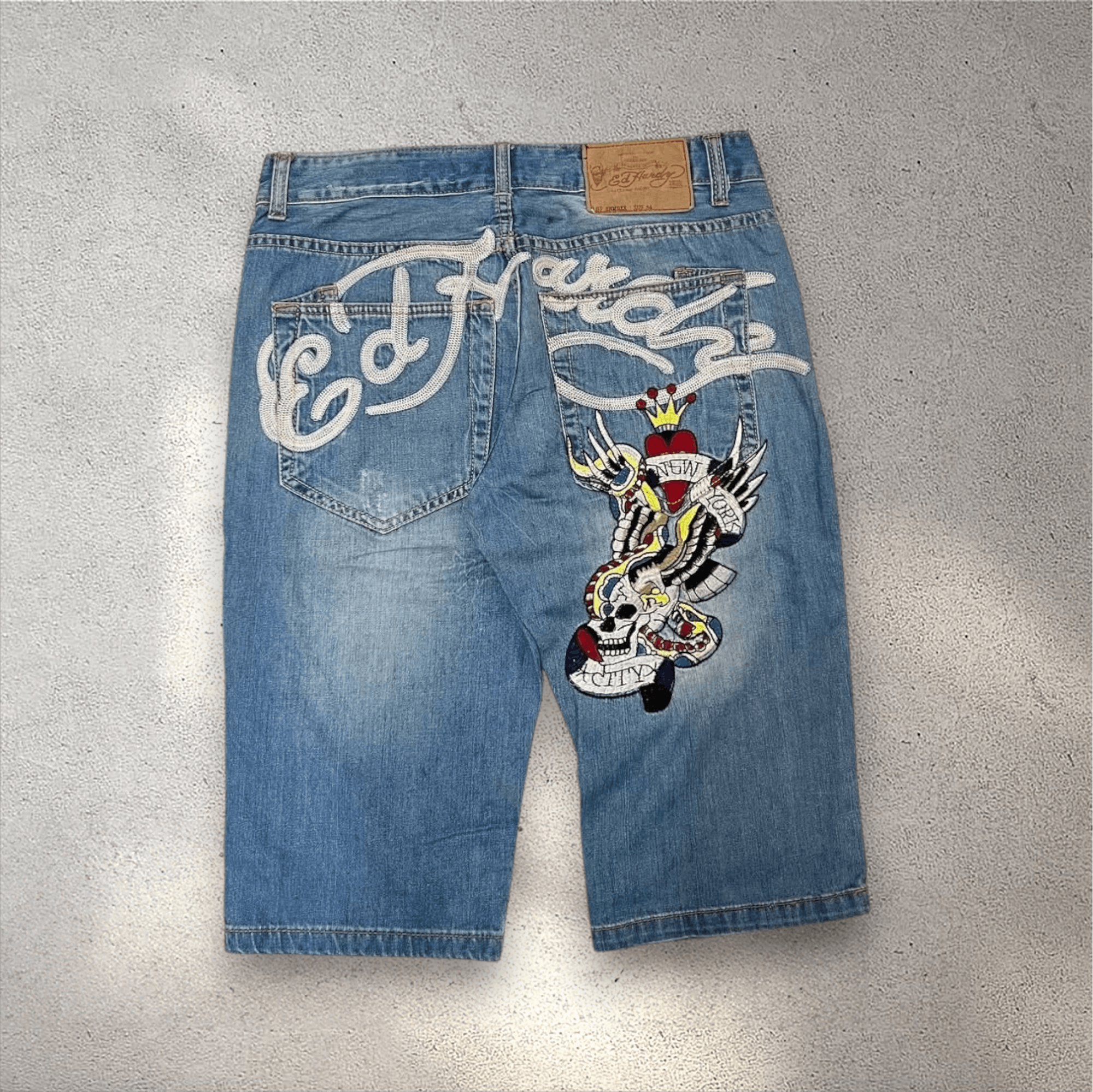 Christian Audigier × Ed Hardy Y2k Ed Hardy ' 🔥 Fire skull 💀' Embroidery Denim Jorts Size US 34 / EU 50 - 2 Thumbnail
