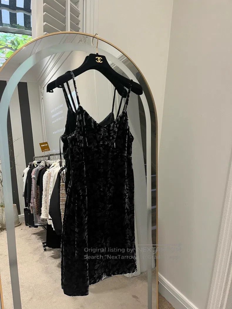 Chanel Black velvet print strap dress