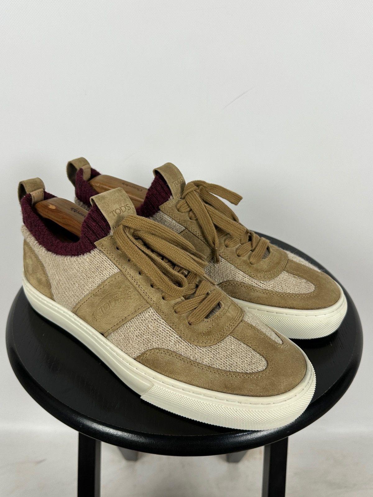 Tod's Tod’s Knit Suede Beige/Burgundy Low Top Lace Up Sneakers Size US 9 / EU 42 - 7 Thumbnail
