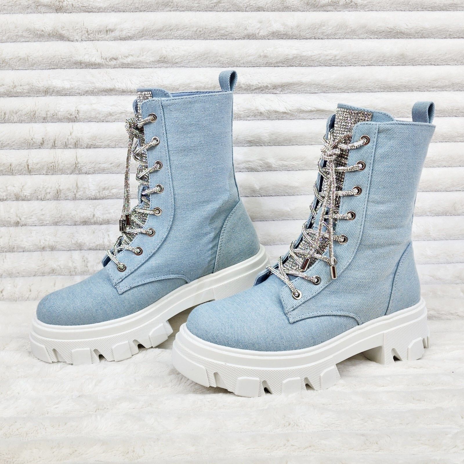 Other Rowan Denim Combat Ankle Boots Iridescent Rhinestone Tongue Size US 9 / IT 39 - 7 Thumbnail