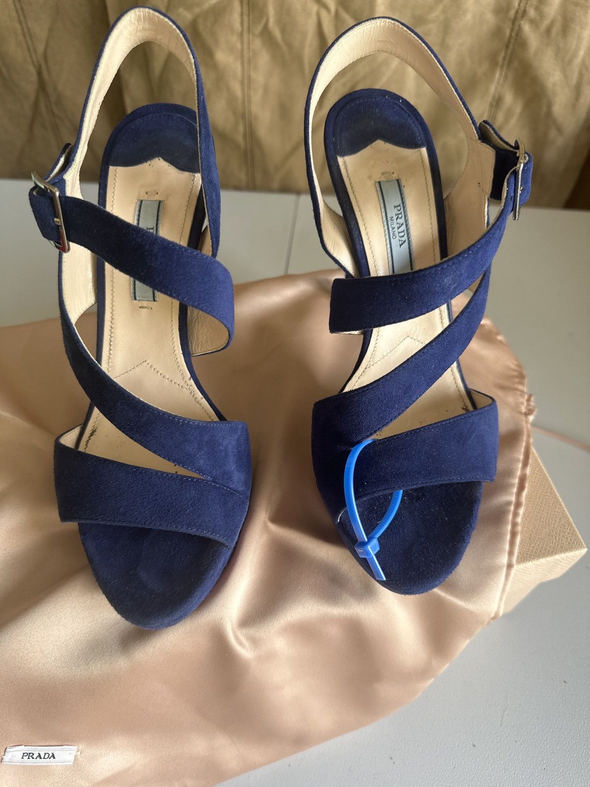 image of Prada Suede Strappy Heel Shoes in Blue, Women's (Size 7.5)