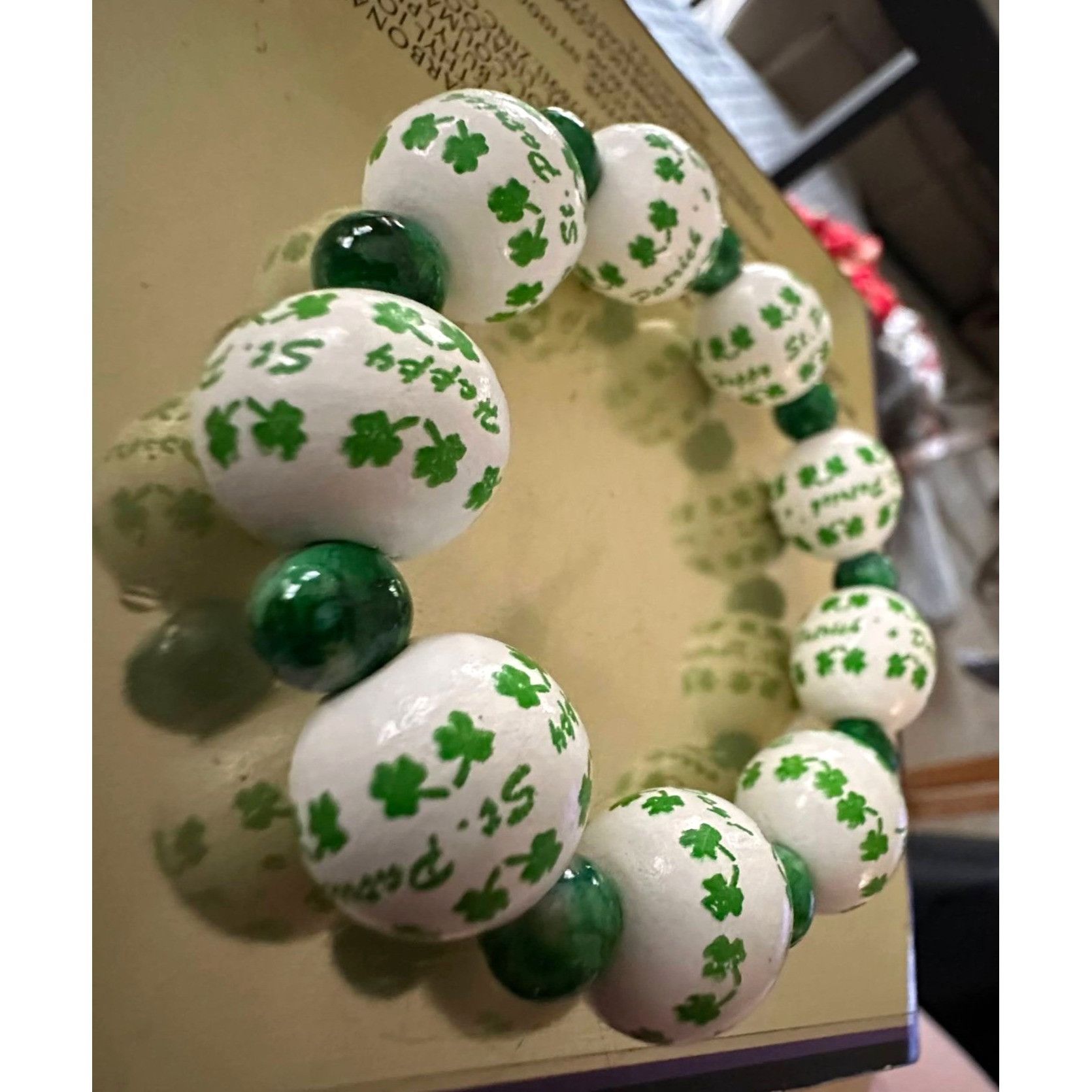 Handmade Happy St Patricks Day Shamrock Wood Beaded Stretch Bracelet Size ONE SIZE - 11 Thumbnail