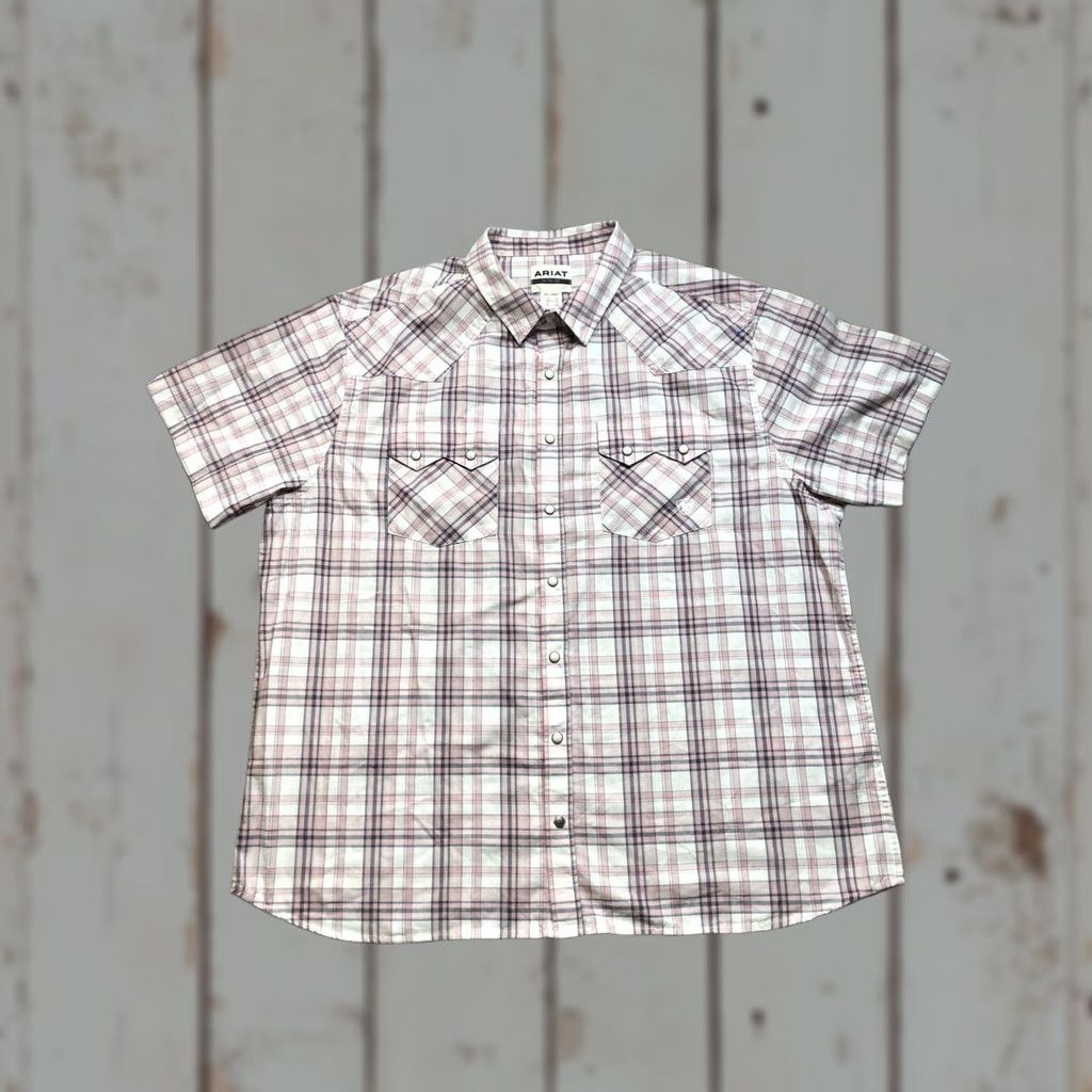 Ariat Ariat Shirt Mens 2XL Pink White Plaid Retro Fit Short Sleeve Western Pearl Snap Shirt Size US XXL / EU 58 / 5 - 1 Thumbnail