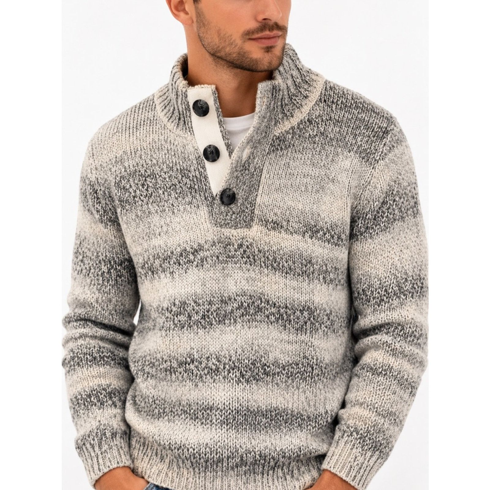 Amongst Friends Men's Grey Striped Turtleneck Button Sweater Size US M / EU 48-50 / 2 - 5 Thumbnail